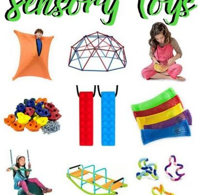 Collage of sensory toys and kids playing with them
