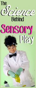 A boy in lab coat playing with slime and a caption reading "The science behind sensory play".