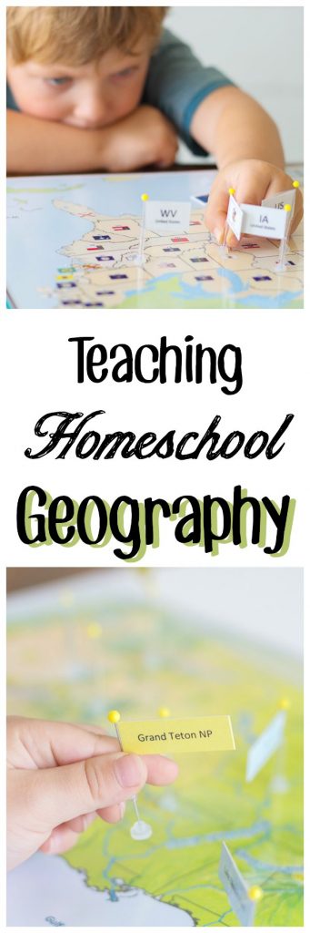 Two images of of a young boy pinning small flags to a map or the US with the text overlay reading "Teaching Homeschool Geography"