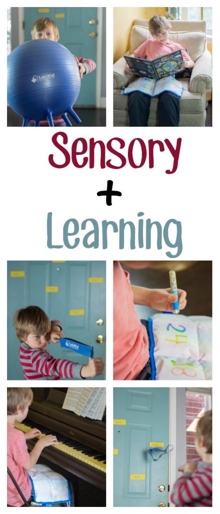 6 pictures of a grade school boy doing sensory activities with sensory toys. With a text overlay that reads "Sensory Plus Learning" 