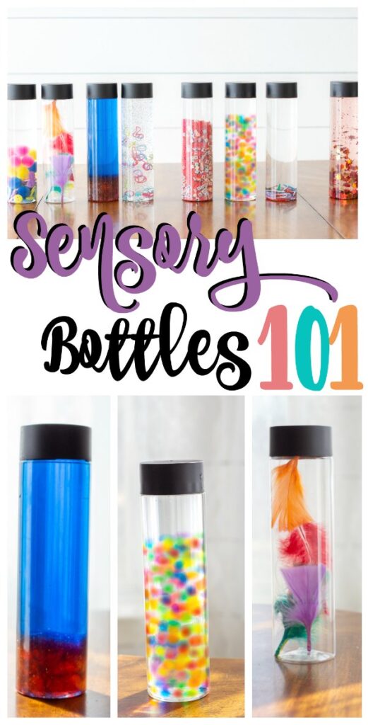 Multiple images of sensory bottles with the text overlay that reads "Sensory Bottles 101"