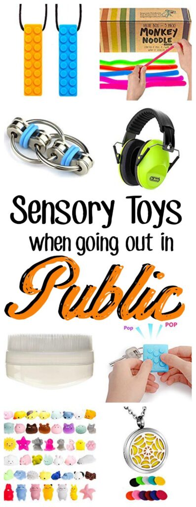 A collage of calming sensory toys with a text overlay that reads "Sensory toys when going out in public"